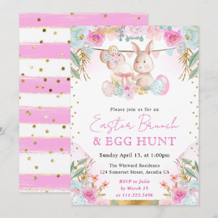 Watercolor Rabbit and Flowers Easter Brunch Invitation