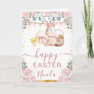 Watercolor Rabbit and Flowers Happy Easter Card