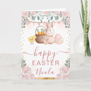 Watercolor Rabbit and Flowers Happy Easter Card