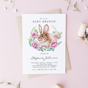 Watercolor Rabbit and Pink Flowers Baby Brunch Invitation Postcard