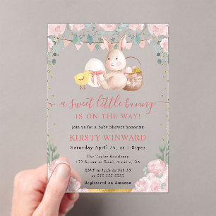 Watercolor Rabbit and Pink Flowers Baby Shower Acrylic Invitations