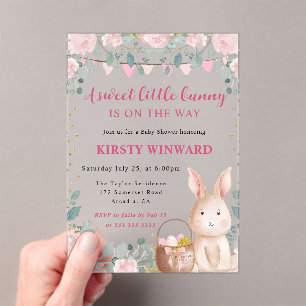Watercolor Rabbit and Pink Flowers Baby Shower Acrylic Invitations