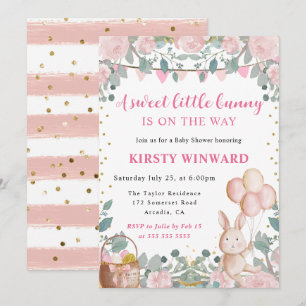 Watercolor Rabbit and Pink Flowers Baby Shower Invitation