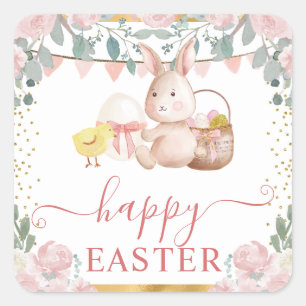 Watercolor Rabbit and Pink Flowers Square Sticker