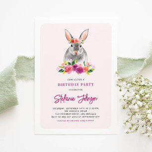 Watercolor Rabbit and Purple Flowers Birthday Invitation