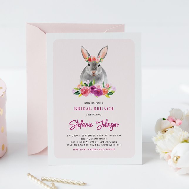 Watercolor Rabbit and Purple Flowers Bridal Brunch Invitation (Creator Uploaded)