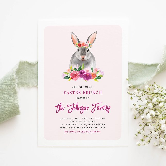 Watercolor Rabbit and Purple Flowers Easter Brunch Invitation (Creator Uploaded)
