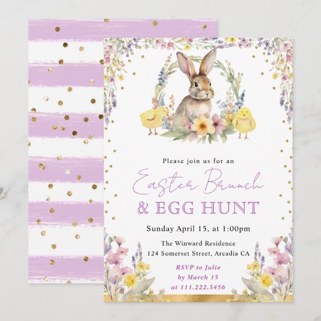 Watercolor Rabbit and Spring Flowers Easter Invitation (Front/Back)