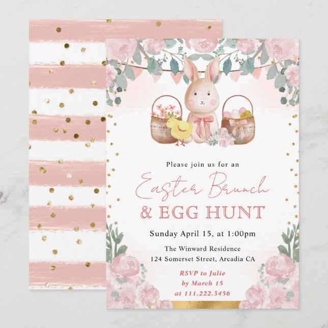 Watercolor Rabbit and Spring Flowers Easter Invitation (Front/Back)