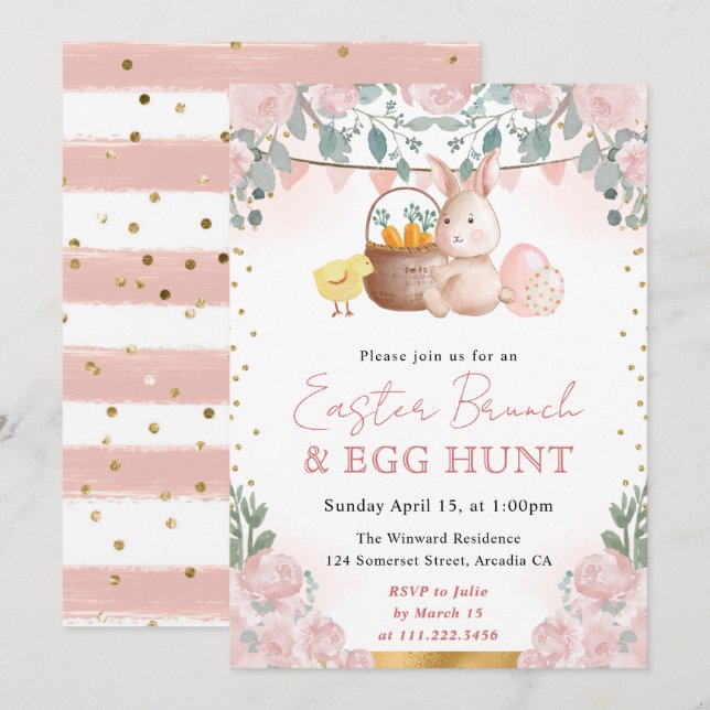 Watercolor Rabbit and Spring Flowers Easter Invitation (Front/Back)