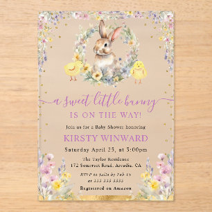 Watercolor Rabbit and Wildflowers Baby Shower Acrylic Invitations