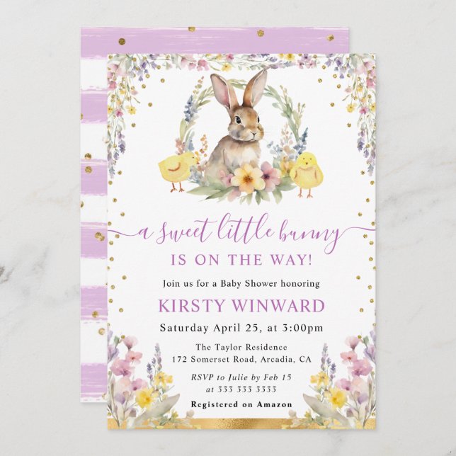 Watercolor Rabbit and Wildflowers Baby Shower Invitation (Front/Back)
