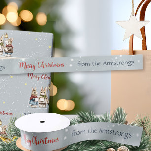 Watercolor Rabbit Carolers Cottagecore Ribbon Satin Ribbon