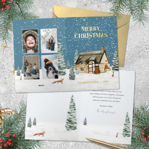 Watercolor Rabbit Farmhouse 4 Photo Christmas Foil Holiday Card