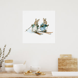 Watercolor Rabbit Skiers Nursery Poster