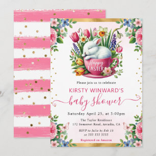 Watercolor Rabbit Spring Flowers Baby Shower Invitation