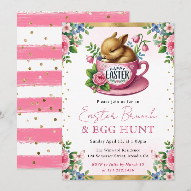 Watercolor Rabbit Spring Flowers Easter Brunch Invitation (Front/Back)