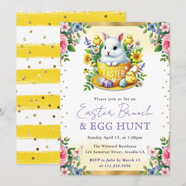 Watercolor Rabbit Spring Flowers Easter Brunch Invitation (Front/Back)