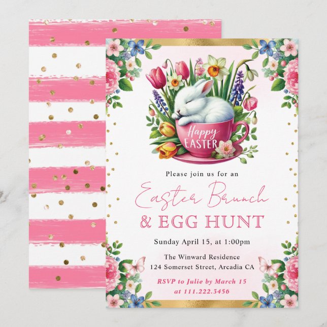 Watercolor Rabbit Spring Flowers Easter Brunch Invitation (Front/Back)