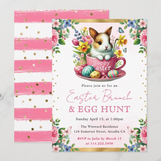 Watercolor Rabbit Spring Flowers Easter Brunch Invitation (Front/Back)