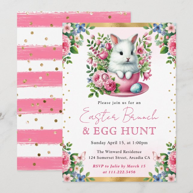 Watercolor Rabbit Spring Flowers Easter Brunch Invitation (Front/Back)