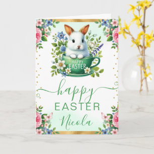 Watercolor Rabbit Spring Flowers Happy Easter Card