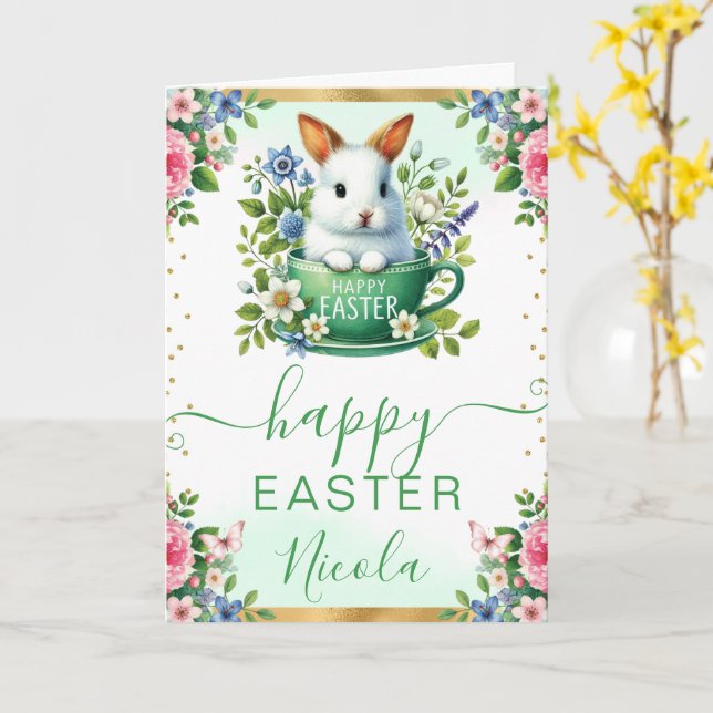 Watercolor Rabbit Spring Flowers Happy Easter Card (Yellow Flower)