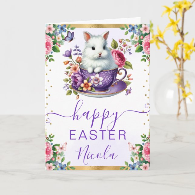 Watercolor Rabbit Spring Flowers Happy Easter Card (Yellow Flower)