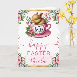 Watercolor Rabbit Spring Flowers Happy Easter Card