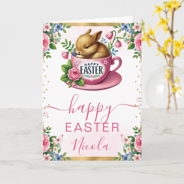 Watercolor Rabbit Spring Flowers Happy Easter Card (Yellow Flower)