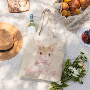 Watercolor Rabbit with Pink Bow Cute Easter Bunny Large Tote Bag