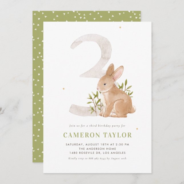 Watercolor Rabbit Woodland Third Birthday Party Invitation (Front/Back)