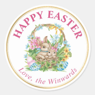 Watercolor Rabbits and Eggs Basket Happy Easter Classic Round Sticker