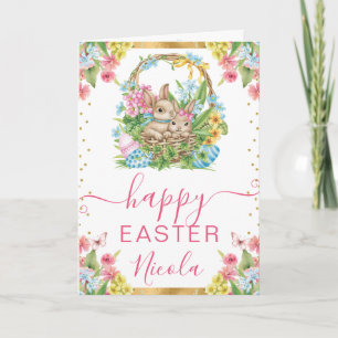 Watercolor Rabbits and Eggs Spring Happy Easter Card