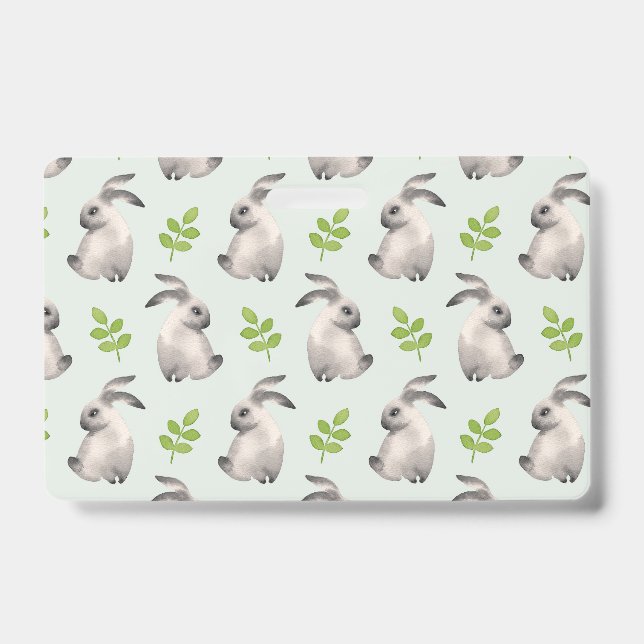 Watercolor rabbits and grass ID badge (Front)