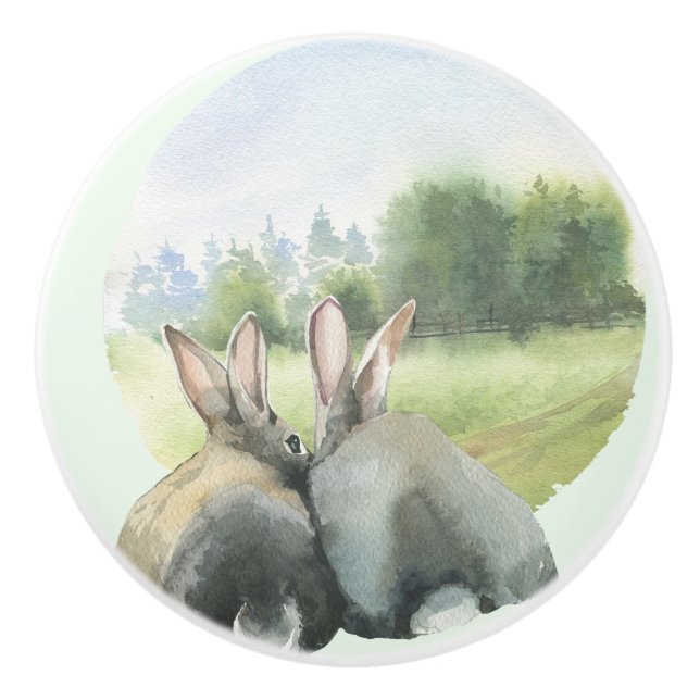 Watercolor Rabbits with Mint Green Ceramic Knob (Front)