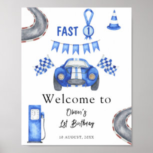 Watercolor Race Car First Birthday Party Welcome Poster