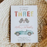 Watercolor Race Car Third Birthday Invitation