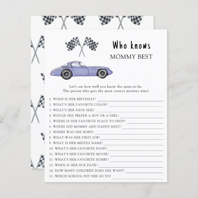 Watercolor race car - Who knows mummy best  (Front/Back)