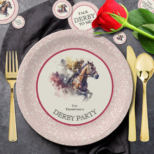 Watercolor Race Horse Derby Red Paper Plate