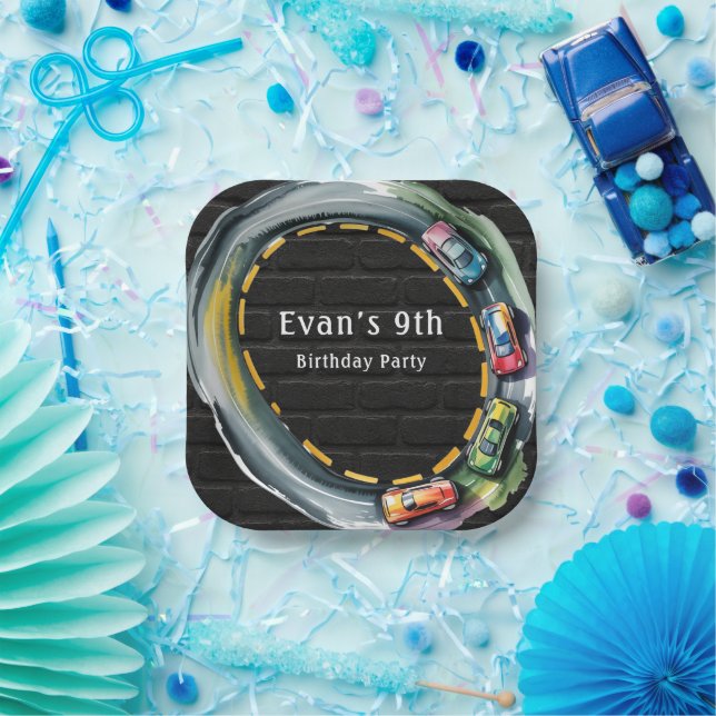 Watercolor Race Track Boys Birthday Party Paper Plate (Party)