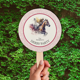 Watercolor Racehorse Derby Red Hand Fan