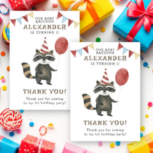 Watercolor Racoon 1st Birthday Thank You Card
