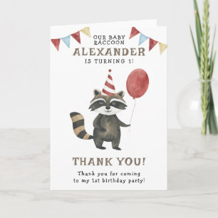 Watercolor Racoon 1st Birthday Thank You Card