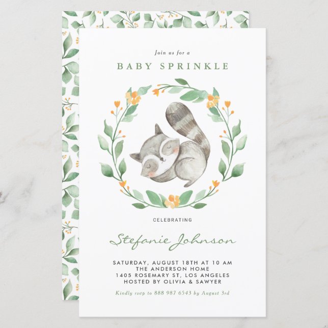 Watercolor Racoon Greenery Baby Sprinkle Invite (Front/Back)