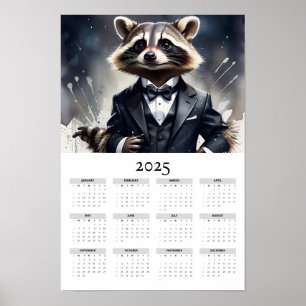 Watercolor Racoon Tux Bow Tie 2025 Wall Calendar Poster