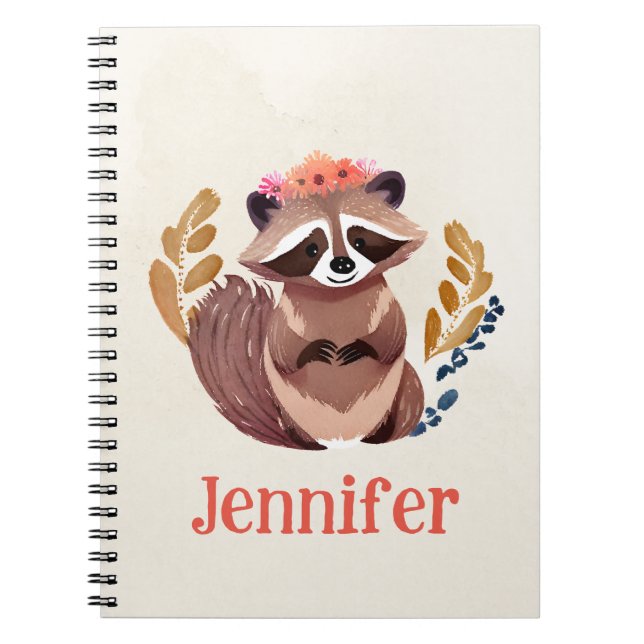 Watercolor Racoon with Floral Crown Notebook (Front)