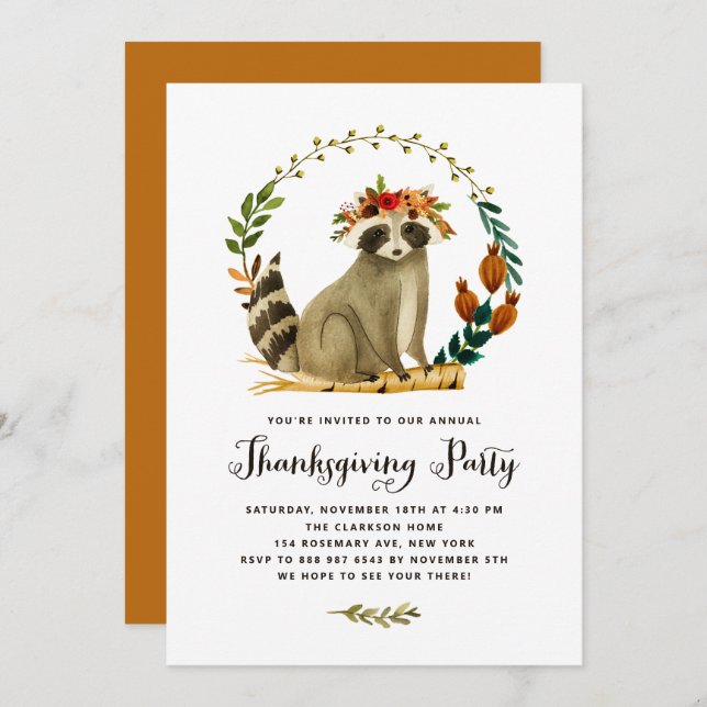Watercolor Racoon Wreath Thanksgiving Party Invitation (Front/Back)