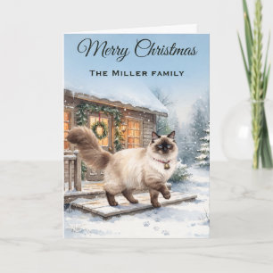 Watercolor Ragdoll Cat Winter Cabin Christmas Card
