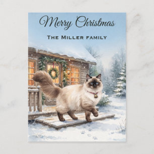 Watercolor Ragdoll Cat Winter Cabin Christmas Holiday Postcard